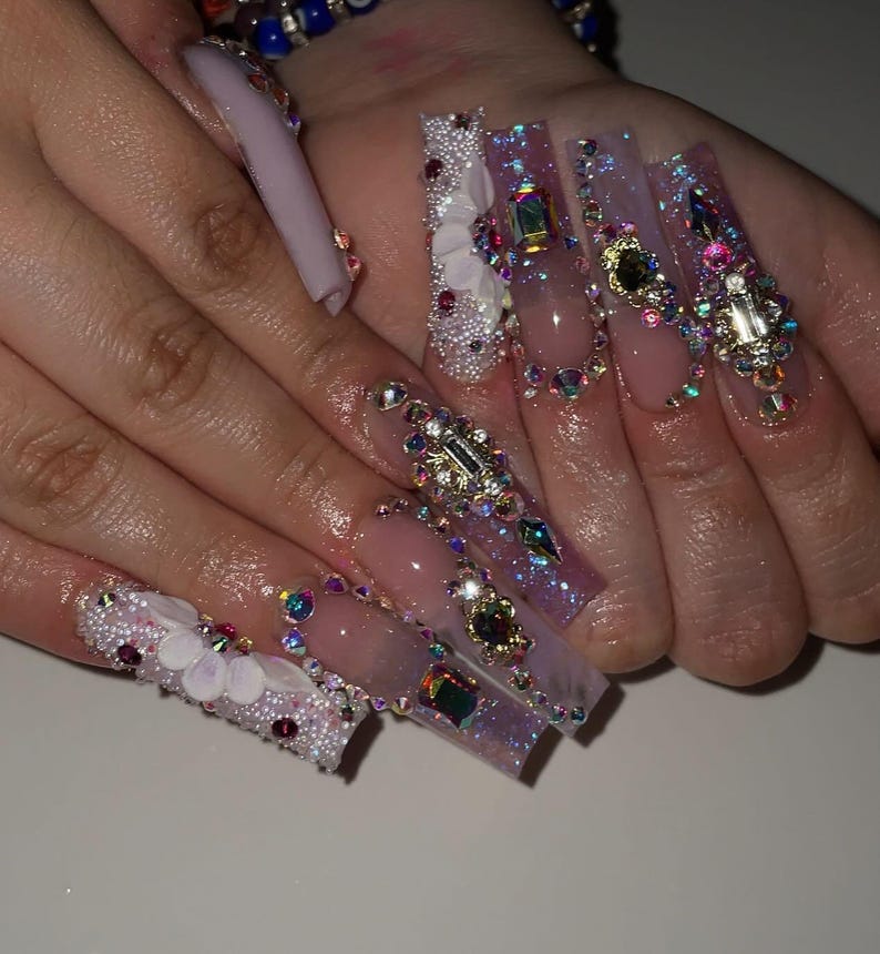Handmade XL Luxury 3D Flower Lavender Press On Nails | Maximalist Bling Crystal Rhinestone Extra Long Square Nails For Birthday, Prom, Event