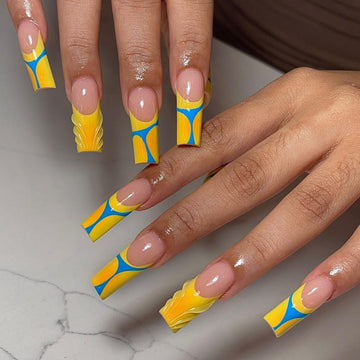 Yellow Blue Ombre Flame Press On Nails | Colorful Ombre French Tip Nail Set | Fiery Nail Design | Bold & Fiery Coffin Nail | Handmade Nails