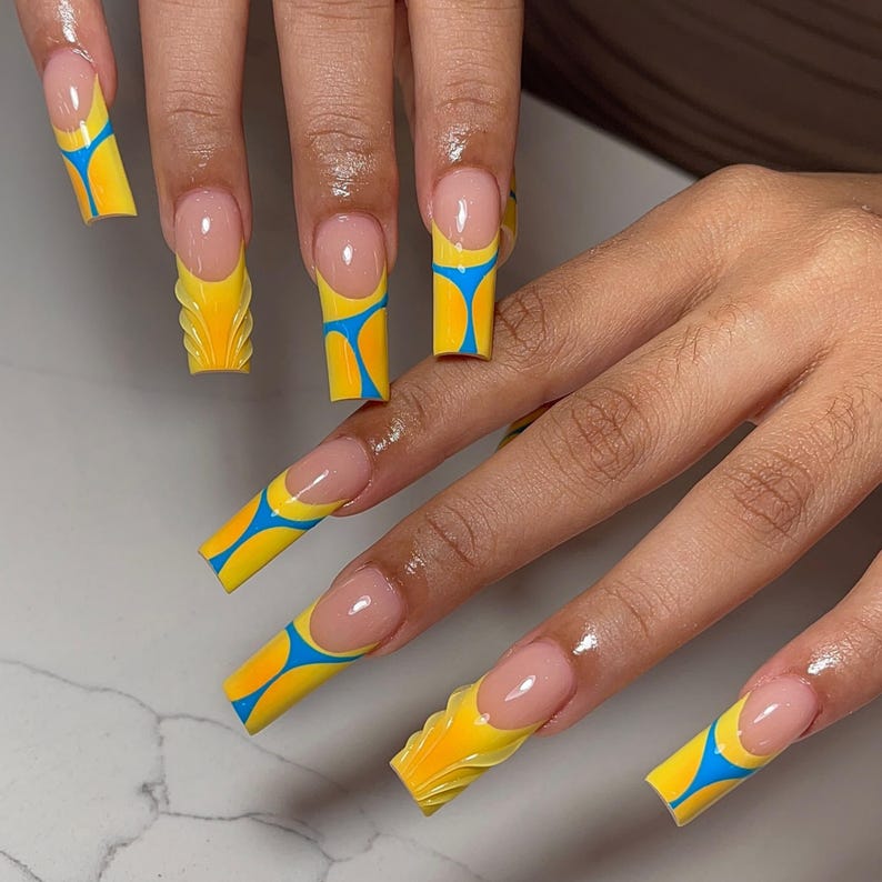 Yellow Blue Ombre Flame Press On Nails | Colorful Ombre French Tip Nail Set | Fiery Nail Design | Bold & Fiery Coffin Nail | Handmade Nails