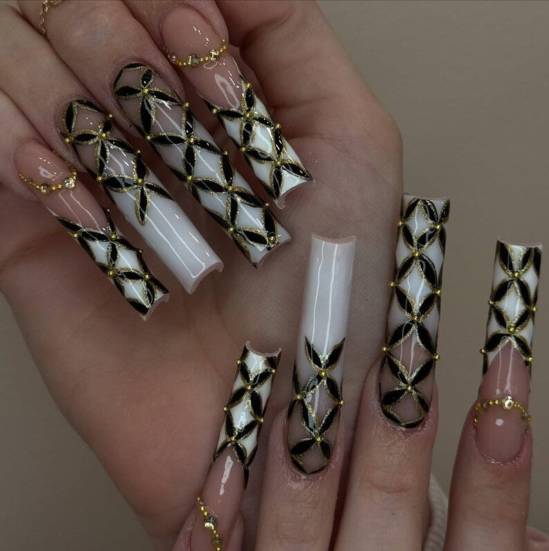 Ombre White Press On Nails | Handmade Faux Acrylic Gel Nails | Black Floral Rhinestone Long Square Nail | Evening party | Formal event nails