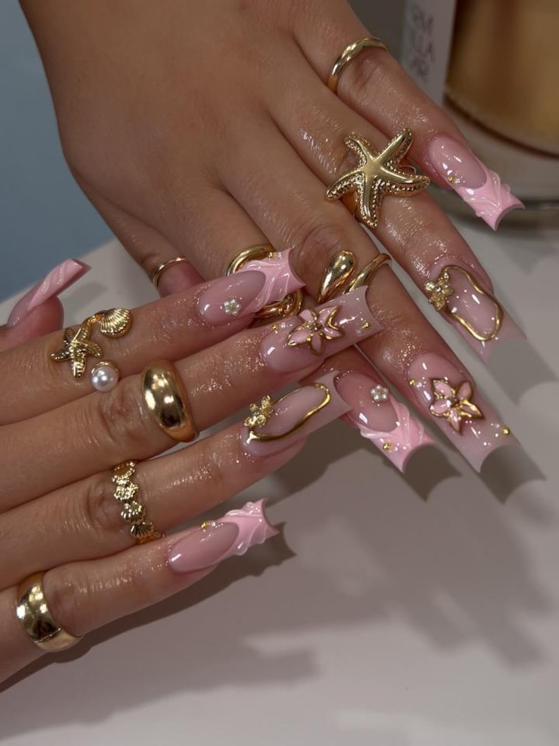 Luxury Pink French Tip Press On Nails | Gold Accent Floral Nail Art | Classy Long Fake Nails | 3D Flower, Pearl & Gem Press Ons