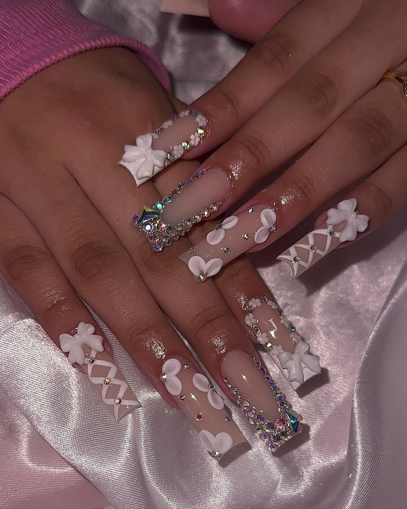 Classy Press On Nails | Long Square French Tip Nails | Floral Bow Rhinestone Design | Elegant French Tip Press On Nails