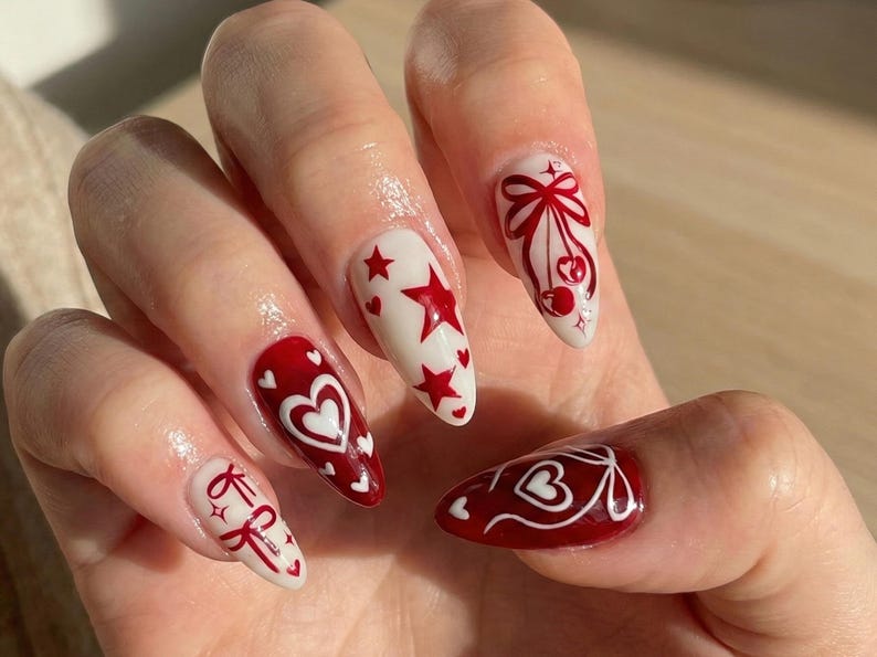 Crimson Valentine Bow Press On Nails for Romantic Girls | Handmade Ribbon & Star Fake Nails | Cream Red Vintage Heart Nail Art