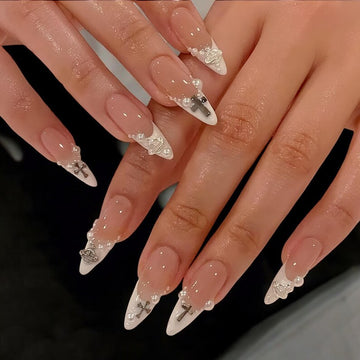 Handmade Pearl Cross Press On Nails: Edgy French Tip Nail Art
