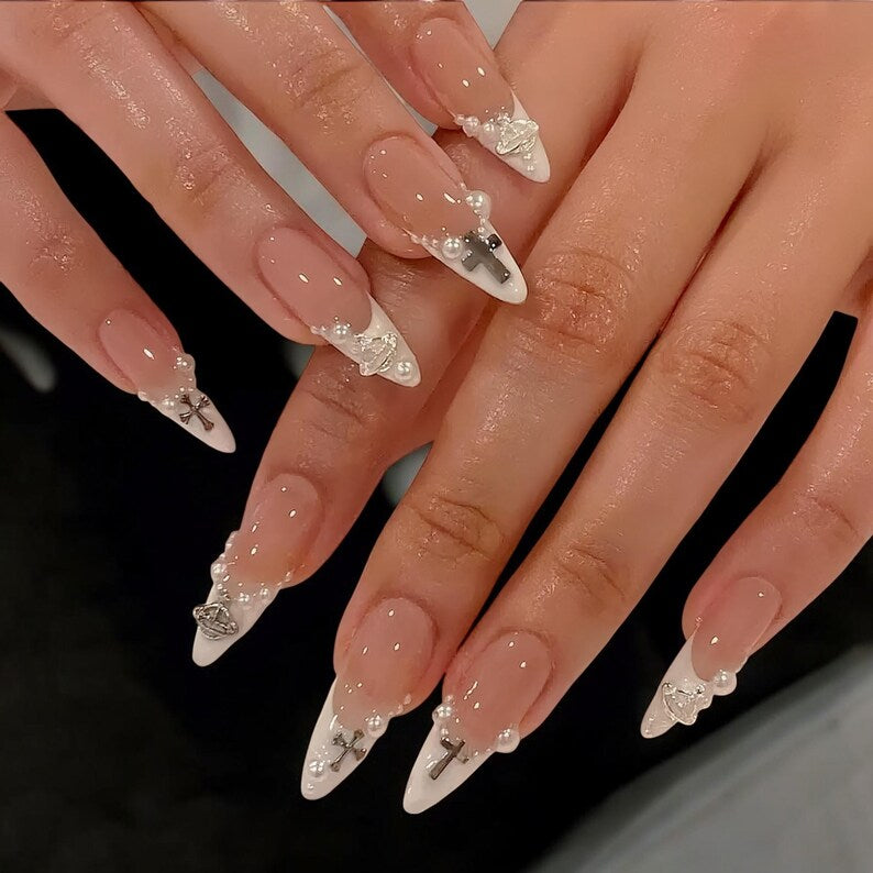 Handmade Pearl Cross Press On Nails: Edgy French Tip Nail Art