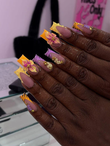 Orchid Zebra Press On Nails | Medium Square French Tip Nails | Yellow Purple Floral Nail Art | Elegant Statement Press Ons | Girls Night Out