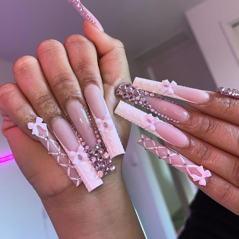 Pink XL Square Press On Nails | Rhinestone Bow Nails | Knitted Texture Nail Art | Feminine Statement Press Ons