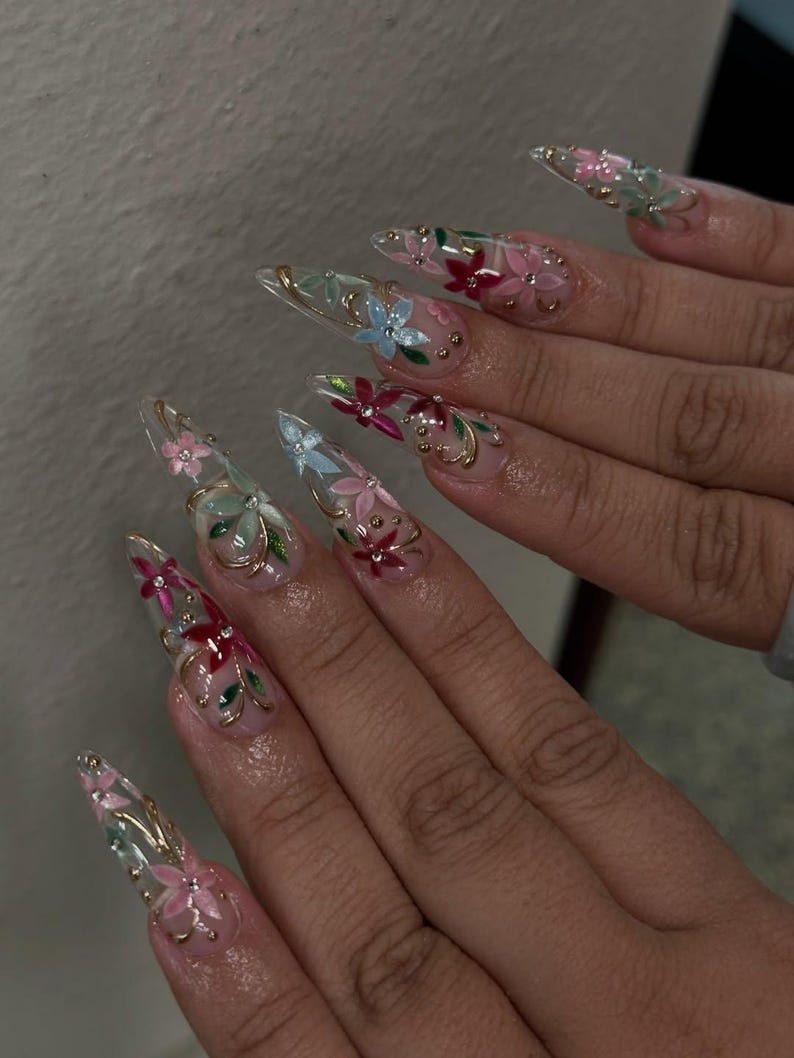 Colorful Floral Press On Nails for Romantic Girls | Garden Flower Nails for Spring | Handmade 3D Blossom Nail Art for Holidays