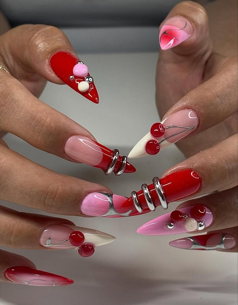 Cherry Bomb Press On Nails | Red & Pink Fruit-Inspired Nail Art | Handmade 3D Stiletto Nail Set | Cute Fruit-Inspired Nails