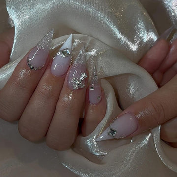 Luxe Bling Press On Nails | Milky French Tip Nails | Rhinestone Luxury Nail Art | Handmade Medium Stiletto Nails | Wedding Glam Fake Nails