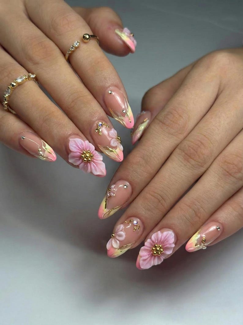 Pink Gold Floral Press On Nails | 3D Flower Stiletto Nails | Handmade Elegant Nail Art | Romantic Luxury Gift for Her