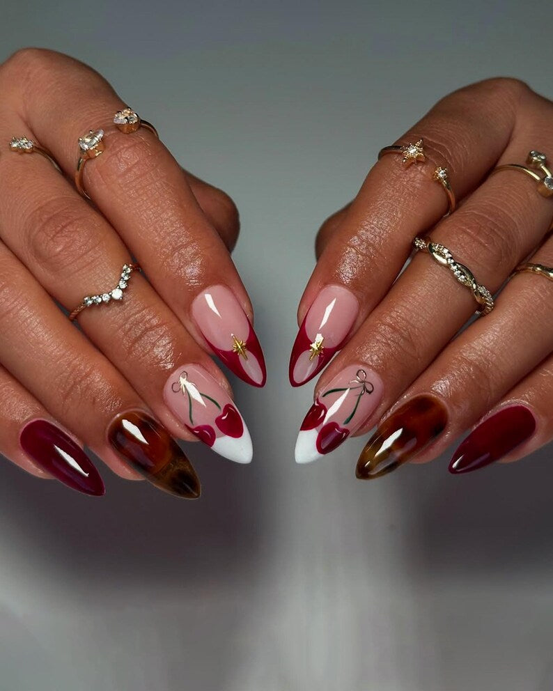 Red Cherry Press On Nails, Romantic Valentine Nails Press on, Cute Cherry Nail Art with Tortoise Design, Brown Nails, Cute nails, Fake Nails