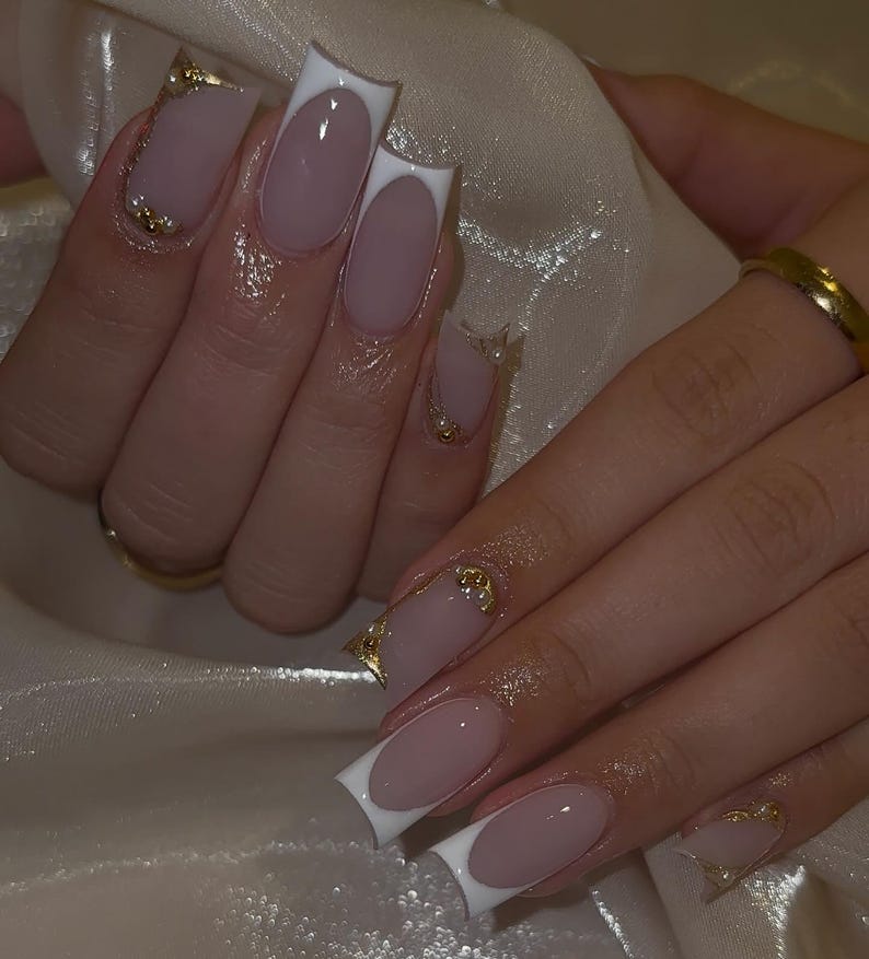 Everyday French Tip Press On Nails | Neutral Pink Base with White Tips | Gold And Pearls Accent Nail Art | Handmade Glue On Fake Nails