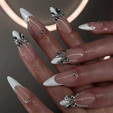Elegant French Tip Press-On Nails with Silver Bow Accents , Wedding Nail, Reusable Nails, Sophisticated French Tip Nail Art, Press Ons