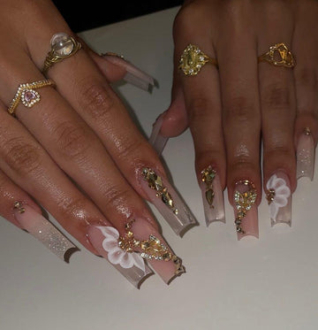 Handmade 3D White Flower & Gold Rhinestone Luxury XL Square Press On Nails | Elegant Bridal Fake Nail Gems Bling Nail Art For Wedding