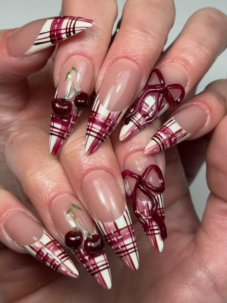 Cherry Tartan Couture Press On Nails for Valentine Days | Long Stiletto Nude Fake Nails | Burgundy Plaid & 3D Cherry Bow Nail Art