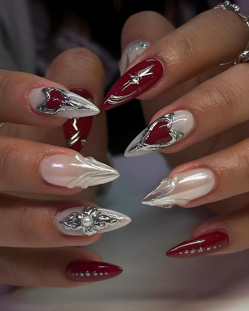 Luxury Red Press On Nails, 3D Heart Design Fake Nails, Red & Silver Luxury Nail Art, Modern Handmade Statement Nail Set, Gothic Nails