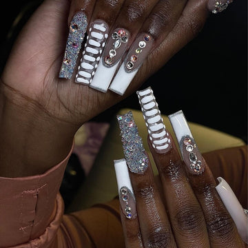 Striped Gemstore Texture Press On Nails | 3D White French Tip & Croc Effect Nails | Bling Neutral Long Nail Set | Elegant Textured Nails