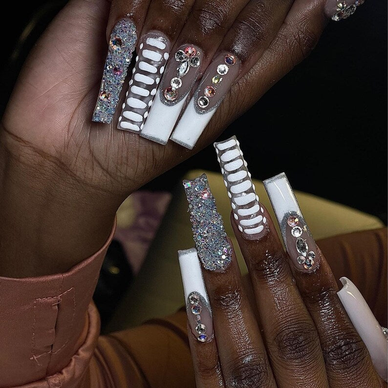 Striped Gemstore Texture Press On Nails | 3D White French Tip & Croc Effect Nails | Bling Neutral Long Nail Set | Elegant Textured Nails
