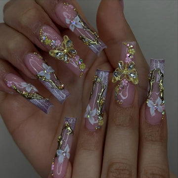 Pastel Garden Bloom Press On Nails | 3D Pink Floral Nails with Gold Butterfly | Mint Green French Tips Gems | Bridal Nails