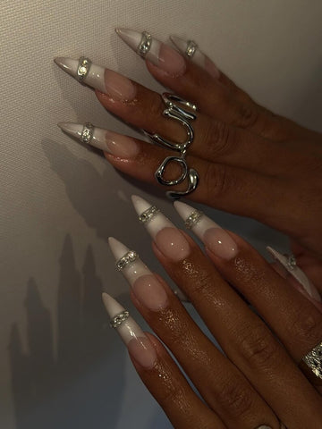 Ombre French Tip Press On Nails | Luxury Press On Nails Long Stiletto Shape | Silver Metallic French Tip | Nail Ring Custom Freestyle