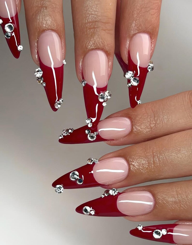 Luxury Red French Tip Press On Nails with Crystals, Nude Pink Nails, Luxury Valentine Nail Set, Elegant Valentine Gift, Handmade Glam Nails