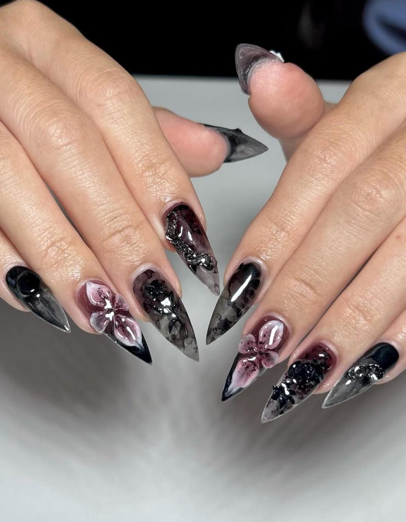 Gothic Dark Flower Press On Nails | 3D Pink Floral & Dark Marble Design | Black Clear Stiletto Nails | Handmade Grunge Flower Nails