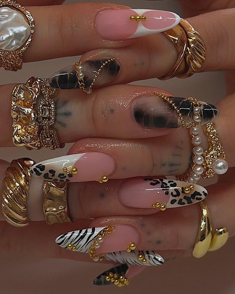 Safari Wild Animal Print Nails | Leopard Zebra Press On Nails | Handmade Fake Nails | Custom Press On Nails | Acrylic Nails | New Year Nails