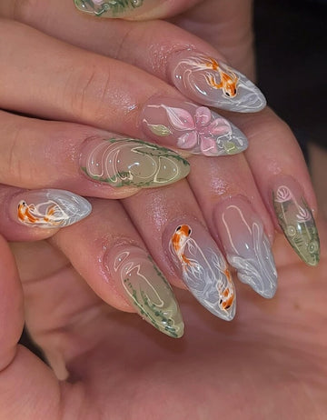 Green Koi Pond Press On Nails | 3D Floral & Fish Nail Art | Green Nature Inspired Nails | Handmade Press Ons | Artistic Garden Nails