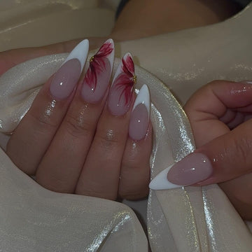 Hand Painted Floral French Press On Nails | Red Flower French Tip Nails | Acrylic Stiletto Fake Nails | Elegant Nail Art Wedding Nails