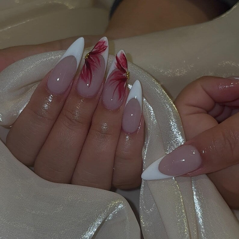 Hand Painted Floral French Press On Nails | Red Flower French Tip Nails | Acrylic Stiletto Fake Nails | Elegant Nail Art Wedding Nails