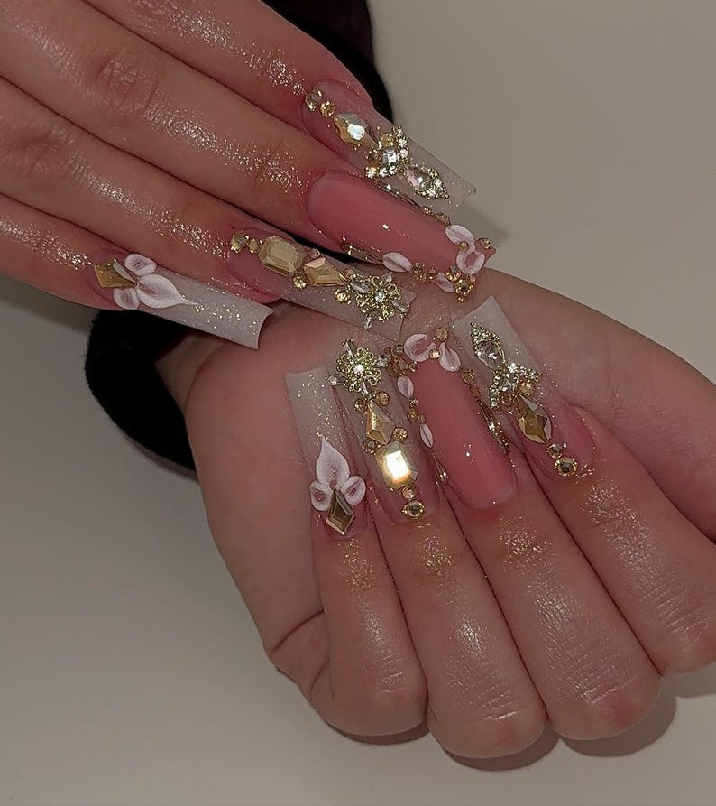 Hand-Painted 3D Flower Luxury Pink and White XL Square Press On Nails | Gold Crystal Bling Bridal Nails | Handmade Prom & Wedding Nail Art
