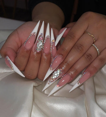 XL Stiletto Bling French Tip Press On Nails | Luxury Rhinestone Wedding Nail Art | Handmade Sparkly Glitter Party Fake Nails | Custom Nails