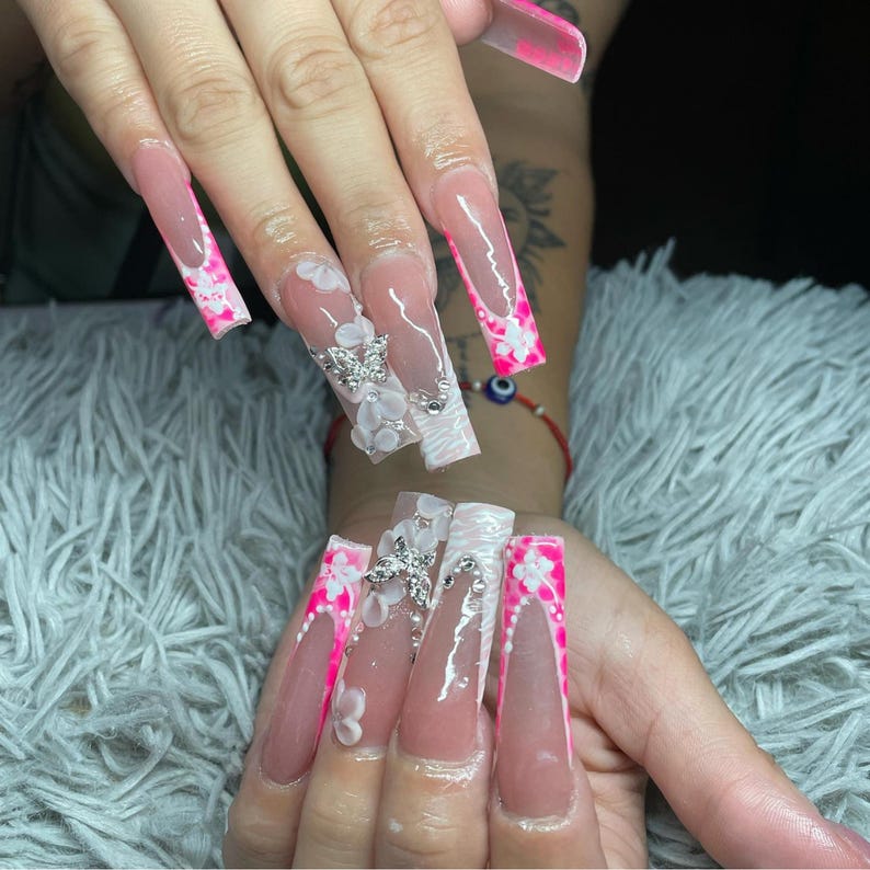 3D Baby Pink Nail Art | Rhinestone & Flower Nail Art | Trendy Y2K Press Ons | Handmade Glam Press Ons | Luxury Y2K Nails