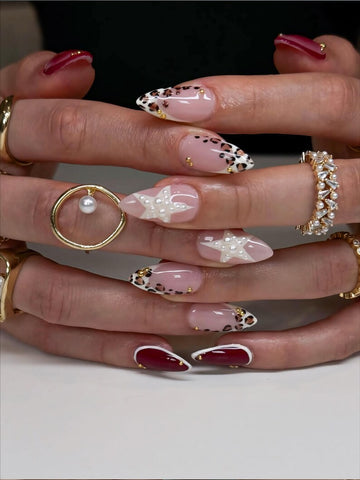 Red Tortoise Press On Nails,Custom Handmade Nail Set with Retro Y2K Design, French Tip Nails, Leopard Print nails, Fall nails, Birthday nail