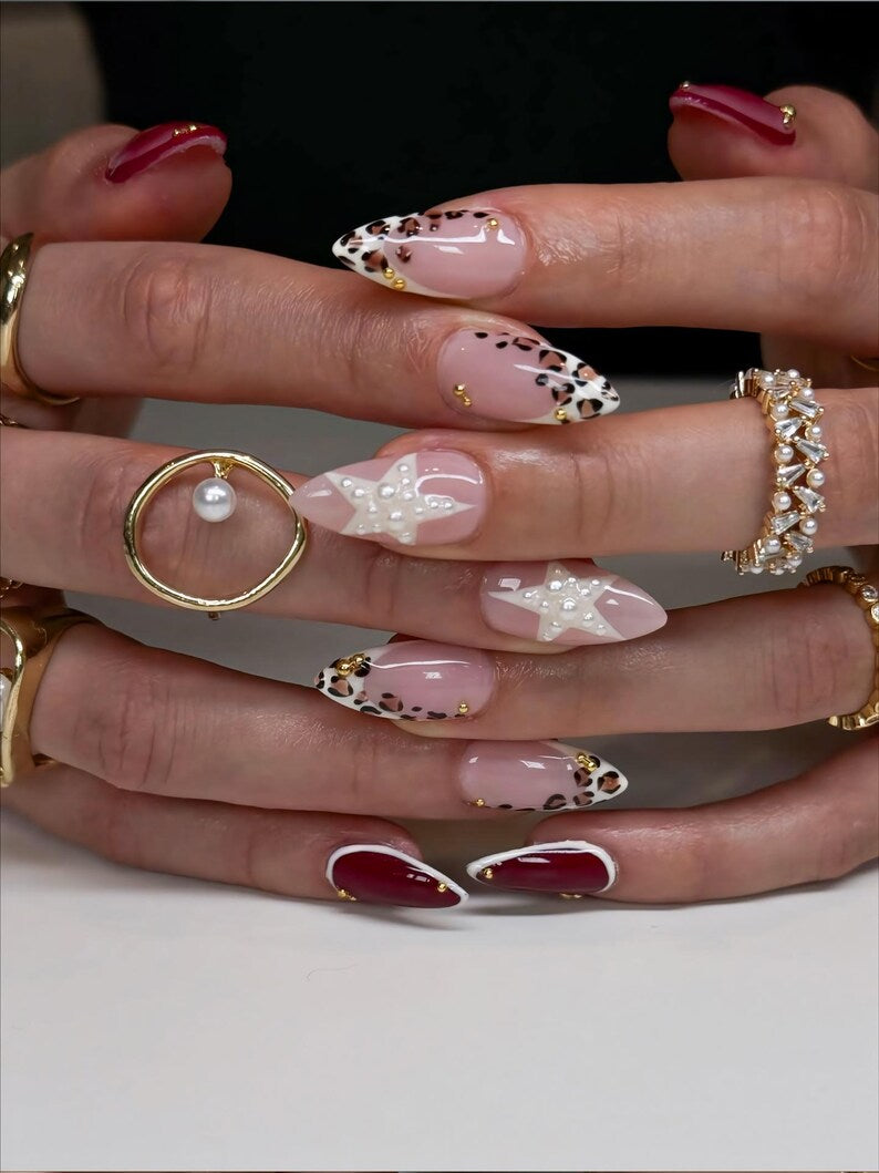 Red Tortoise Press On Nails,Custom Handmade Nail Set with Retro Y2K Design, French Tip Nails, Leopard Print nails, Fall nails, Birthday nail