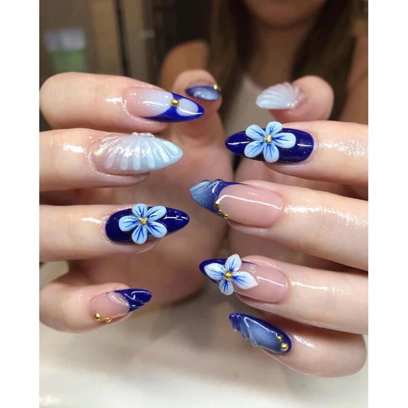 Blue Floral Press On Nails, Handmade 3D Flower Nails, Navy French Tip Cat Eye Nails, Reusable Gel Press Ons, Elegant Wedding & Party Nails
