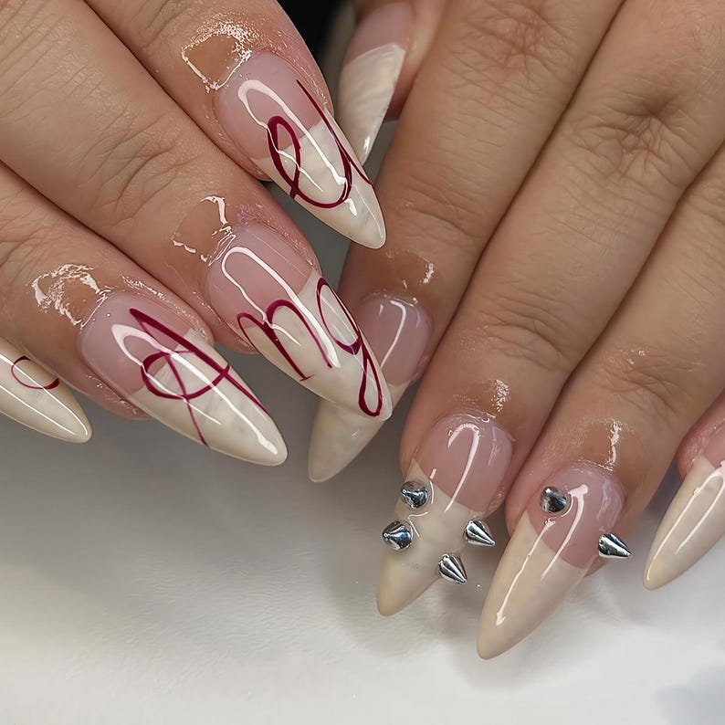 Romantic Angel Nails Press On – Luxury Valentine Stiletto Nails with Love Script, French tip nails, Wedding nails