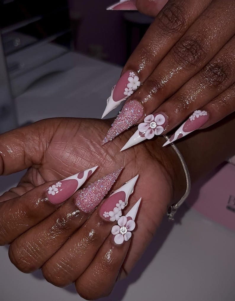 Elegant Orchid Press On Nails | White French Tip Stiletto Nails | 3D Floral Accent | Pink White Handmade Press Ons