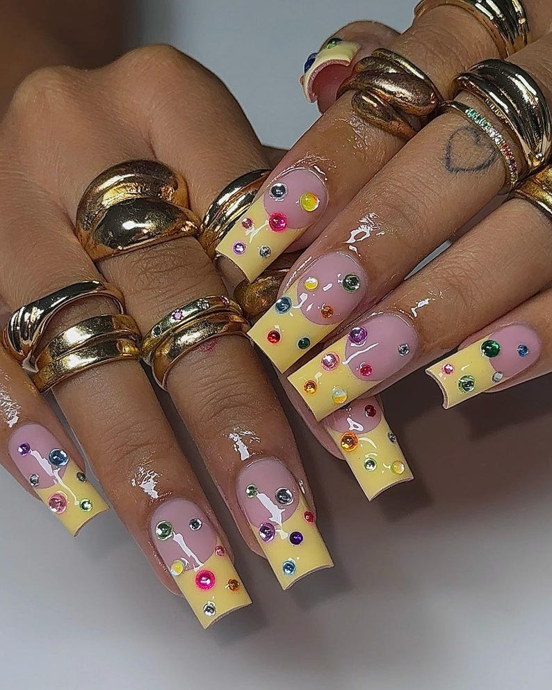 Colorful 3D French Tip Press On Nails | Hand Painted Spring Nails | Rainbow Rhinestone Acrylic | Boho Chic Set | Nail Gems For Spring Party