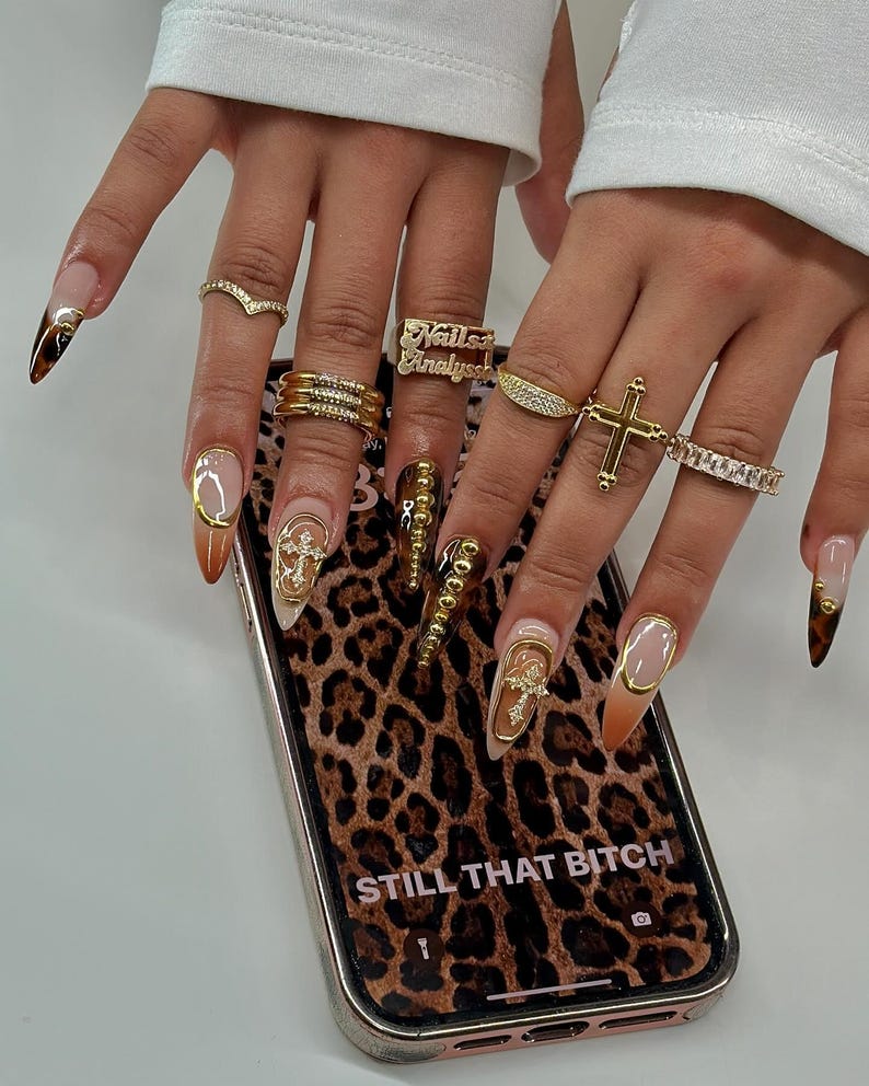 Gold Cross Gothic Long Stiletto Nails | Gothic Gold & Deep Burgundy Nail Art | Handmade Stiletto Nails | Elegant Fake Nails