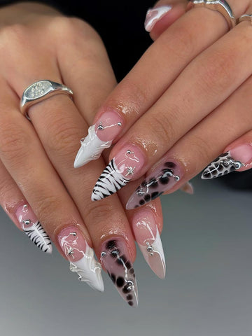 Y2K Mixed Print Press On Nails, Black White French Tip, Zebra Cow Print Nails, Black White Y2K Nails