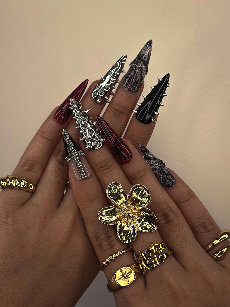3D Metal Spike Press On Nails | Punk Nail Art | Red & Black Snakeskin Press Ons | Gothic Spike Nails | Rock Glam Halloween Nail Set