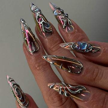 Metallic Chrome Aurora Press On Nails | Holographic Chrome Fake Nails | Elegant Metallic Swirl Nail Art | Holographic Stiletto Nails