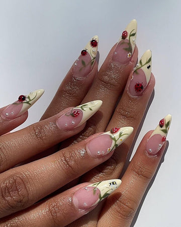 Ladybug Press On Nails, Cute Summer French Tip Nails with 3D Bug Design, Handmade Long Almond Fake Nails