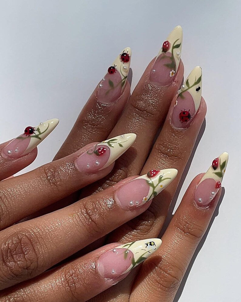 Ladybug Press On Nails, Cute Summer French Tip Nails with 3D Bug Design, Handmade Long Almond Fake Nails