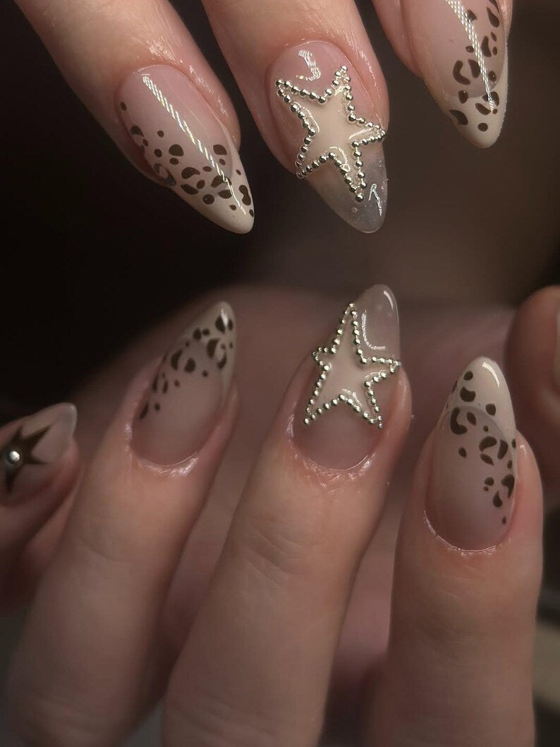 Wild Star Leopard Nude Press On Nails for Trendy Girls | Almond Neutral Fake Nails | Brown Animal Print & Crystal Star Nail Art