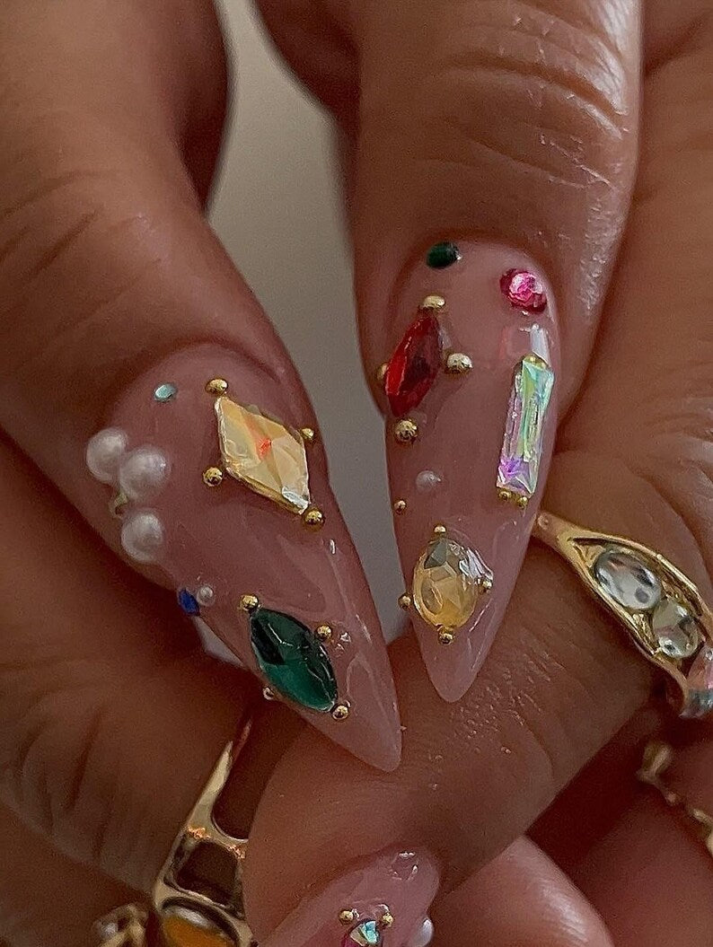 Luxury Press On Nails | Long Stiletto Crystal Nails | Rhinestone & Pearl Fake Nails | Glam Nail Art Set | Party Prom Nails | Reusable Nails