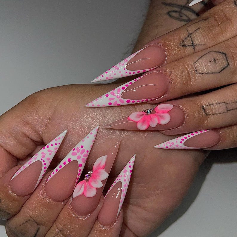 French Tip Press On Nails | 3D Floral Almond Nail Set | Floral Press On Nails Stilleto Irregular French Tips Spring Trendy Nail