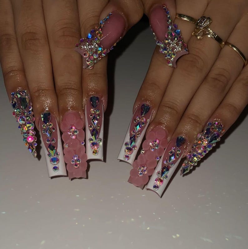 Handcrafted Luxury 3D Flower & Rhinestone Long Square Press On Nails | White French Tip Bling Fake Nails | Trendy Handmade Glam Press Ons